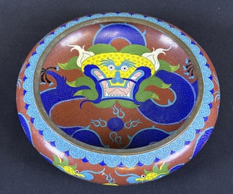 Vintage Enameled Chinese Cloisonné Dragon Bowl 10 inches wide by 2.5 inches tall. date inknown
