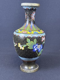 Vintage Chinese Cloisonné Enameled Brass Vase Measures 9 inches tall by 4.5 inches wide. No makers