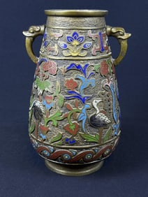 Japanese Champleve Cloisonné Enameled Bronze Jar 9.5 inches tall by 5.5 inches wide. Some speckling