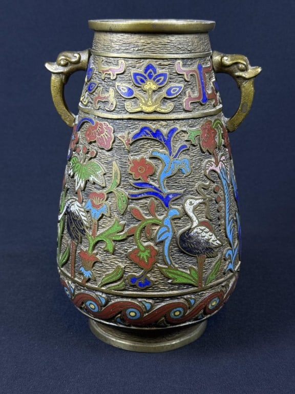 Japanese Champleve Cloisonné Enameled Bronze Jar 9.5 inches tall by 5.5 inches wide. Some speckling (1 of 6)