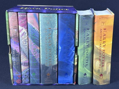 Harry Potter Hardcover Books 1-7 1-5 boxed set 6 and 7 separate. Some wrinkling in dust jackets.: 1-5 boxed set 6 and 7 separate. Some wrinkling in dust jackets. Please refer to photos for condition details. 13 x 10 x 6.5 inches.