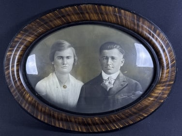 Vintage Oval Framed Photograph 25 x 19 inches. Subjects unknown. Domed glass please see photos for