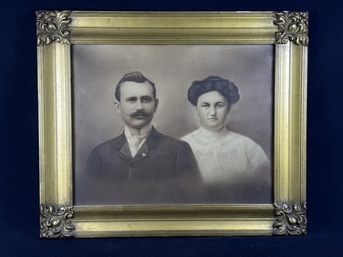 Antique Ornate Framed Photograph Measures 25.5 x 21.5 inches. Subjects unknown. No cracks in glass.