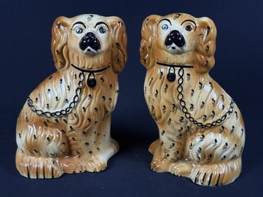 Antique Staffordshire Spaniel Ceramic Statues Each measures approximately 9 x 5.5 x 4 inches.