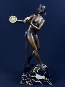 Vintage Art Deco Bronze Statue on Marble Base Measures 16 x 7 x 4.5 inches. Chip in corner of base.