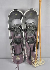 Vintage Tubbs Snowshoes & Bamboo Ski Poles Snowshoes 32 inches long.