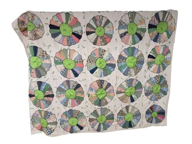 Vintage Handcrafted Dresden Plate Quilt Measures 72 x 70 inches. Small stains and tears. Please see