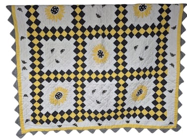 Floral & Bumblebee Yellow Black & White Quilt Measures 45 x 56 inches. Couple of very small stains.