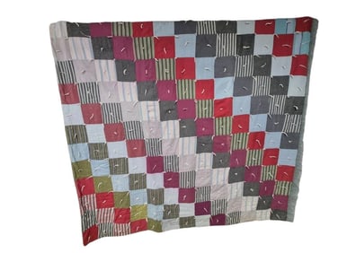 Hand Crafted Vintage Multicolored Quilt Measures 82 x 66 inches. Color and material worn, repairs.