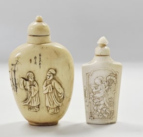 Vintage/Antique Chinese Carved Bone Snuff Bottles No damaged noted. Measures 2" and 2 3/4" tall.