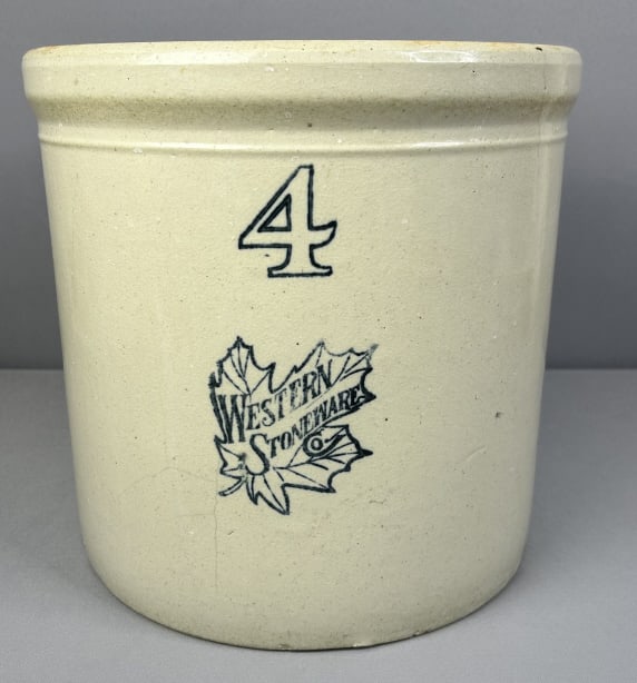 Vintage 4 Gallon Western Stoneware Crock 4 gallon primitive stoneware food crock. Visible hairline (1 of 7)