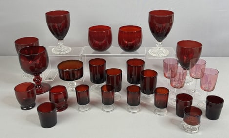 Red Glass Glasses Including Anchor Hocking Lot of assorted glasses. Red polka dot glasses have