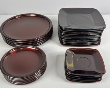 Red Glass Plates Including Anchor Hocking Lot of red glass plates in good condition. One square