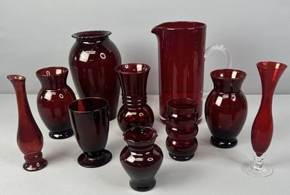 Red Glass Vases & Pitcher Inc Anchor Hocking Avon Lot of assorted red glass vases in good condition.