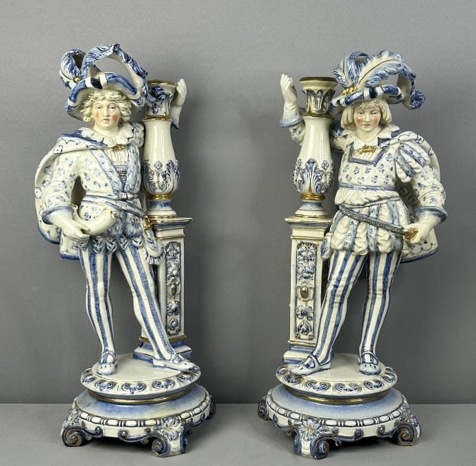 Pair of Antique Porcelain Blue Figurines Pair of antique porcelain figurines. Some hairline cracks: Pair of antique porcelain figurines. Some hairline cracks on one as shown, otherwise in good condition. Weighted and sturdy. Measure 22 " height x 10 “ diameter.