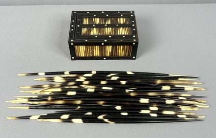 African Porcupine Quills & Box Box measures 5 " L x 3.5 “ W x 2 “ H. Porcupine quills are 12 “