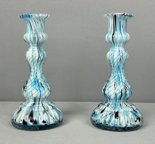 Pair of Blue Clichy Style Art Glass Vases Pair of 2 blue speckled glass vases. No chips or cracks.