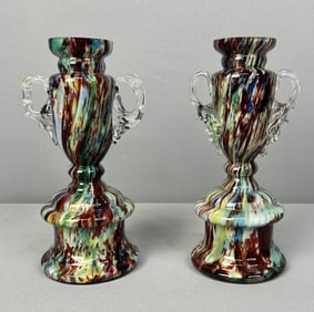 Pair of Art Glass Splatter Trophy Vases Pair of two vases in good condition. No chips or cracks.