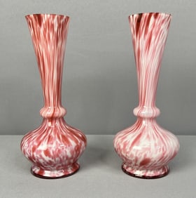 Pair of Red & Pink Confetti Art Glass Vases Pair of vases with no chips or cracks. Measure 7.5 "