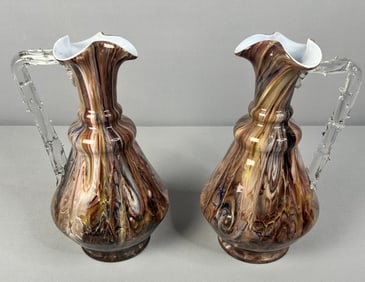 Pair of Large Art Marbled Art Glass Vases Pair of 2 vase pitchers with no chips or cracks. Measure