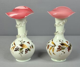 Pair of Victorian Bristol Hand-Pained Glass Vases Pair of vases with no chips or cracks. Measure 8 "