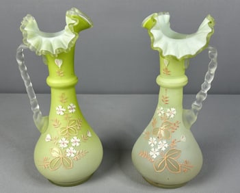 Pair of Green Antique Satin Glass Pitchers Pair of 2 antique pitchers with no chips or cracks.