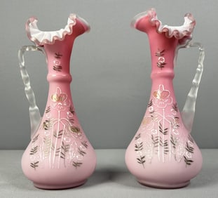 Victorian Hand-Painted Pink Satin Glass Pitchers Pair of pitchers with no chips or cracks. Measure 8