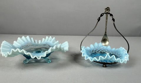 Victorian Blue Glass Jelly Bowl Beaded Cable Bowl Blue glass relish dish measures 6 " wide x 1.5