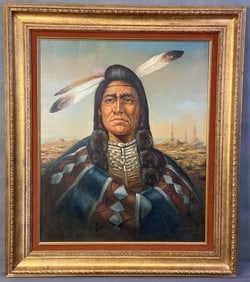 Mid Century Native American Oil Painting Signed Oil painting of a Native American man, signed