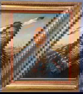 Mid Century Native American Oil Painting Signed Oil painting of a Native American man, signed: Oil painting of a Native American man, signed Kenneth 54. Some crackling in the paint. Artwork with frame is 27 1/4 X 31 1/2 inches in size.