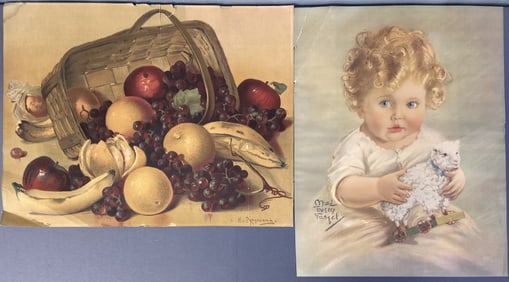 Antique Lithographs H Raymann & Maud Fangel Fruit Basket lithograph by H Raymann and Two Wee Lambs