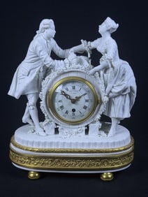 Antique LeFaucheur Biscuit Porcelain Mantle Clock Untested. Missing key. Measures 11 x 9 x 5 inches.