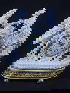 Antique LeFaucheur Biscuit Porcelain Mantle Clock Untested. Missing key. Measures 11 x 9 x 5 inches.: Untested. Missing key. Measures 11 x 9 x 5 inches. One broken finger. Please see photos for further details. Repair on males hand.