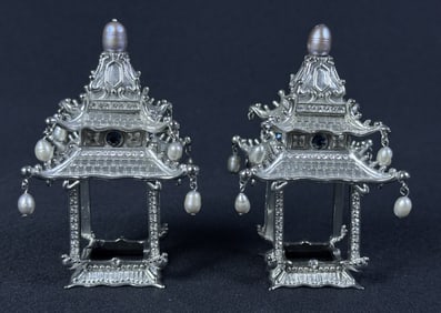 Pair L’Objet Jeweled Pagoda Napkin Rings With original box. 3.75 x 2 x 2 inches. Missing 1
