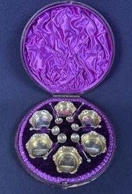 Antique J.G&S Sterling Silver Salt Condiment Set 70 grams of Silver. In leather case measuring 7 x 7