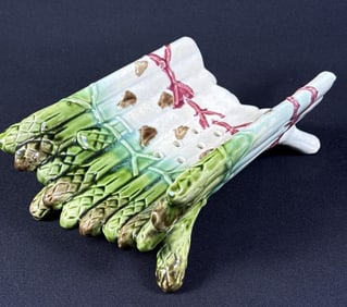 Antique Majolica Asparagus Footed Server 6 x 9 x 3 inches. Crazing present overall. Unsigned.