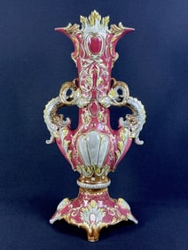 Antique Large Ornate Majolica Vase 20 inches tall. 10 inches wide. No cracks. Crazing present