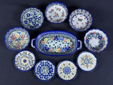 Boleslawiec Polish Hand Painted Small Dish Lot 10 pieces. Four 3.75 inch saucers, five 4.5 x 1.5
