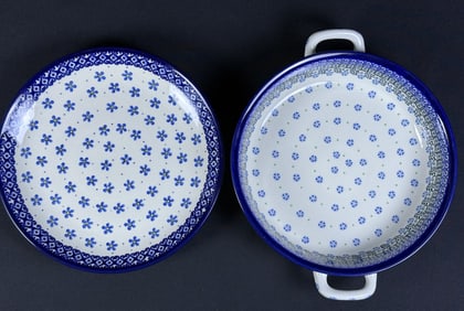 Boleslawiec Polish Hand Painted Pottery One 10.25 x 1.25 inch platter and one 10 x 2.5 inch round