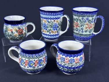 Boleslawiec Polish Pottery Hand Painted Mugs Two 5 x 4 inch mugs, two 4 x 3.5 inch mugs and one 3.5