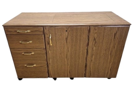 Wooden Sewing Cabinet Table on Wheels 47 x 29 inches tall. When back leaf is up the top of the table