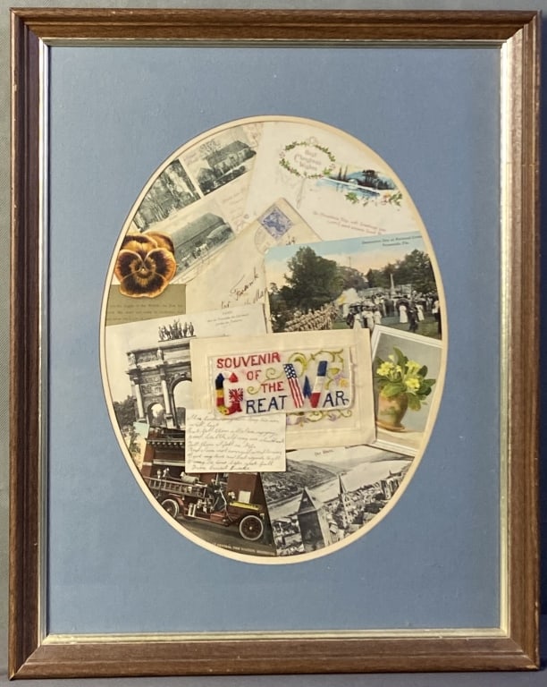 World War One Era Cards and Memorabilia Framed Collection of cards and letters from WW1. Cards with: Collection of cards and letters from WW1. Cards with mat & frame is 16 X 20 inches in size.