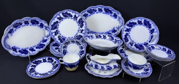 Antique Normandy Johnson Bros Blue Flow China Set 24 pieces. Some crazing present. Please see photos