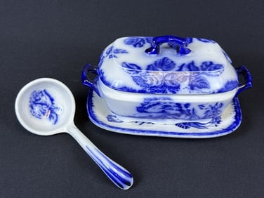 Antique Ironstone Blue Flow Tureen Staffordshire With ladle and platter. 7.25 inches long by 5.5