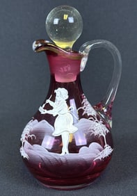 Vintage Cranberry Art Glass Painted Cruet With stopper. 6 inches tall by 3.5 inches wide. No cracks