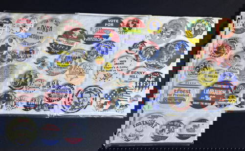 Vintage Parody Political Pinback Buttons Lot Ranging across several decades. Please refer to photos: Ranging across several decades. Please refer to photos for included items and condition details. Approximately 11 x 9 x 1 inches total.