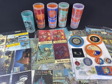1964 65 New York World’s Fair Ephemera Glasses buttons. 5 glasses. Many postcards. Please refer to