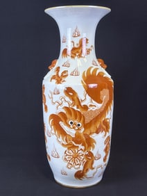 Large Chinese Iron Red Glaze Foo Dog Vase 22.25 inches tall by 9 inches wide. No cracks or chips.