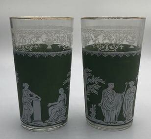 Jasperware Glass Tumbler Set of Two Pair of clear drinking glasses decorated to look like Wedgewood