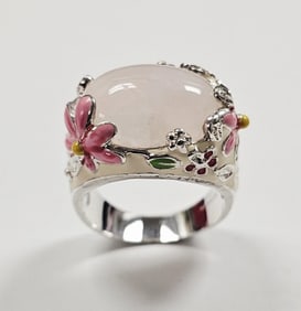 David Sigal Sterling Rose Quartz and Enamel Ring Ring Size 9